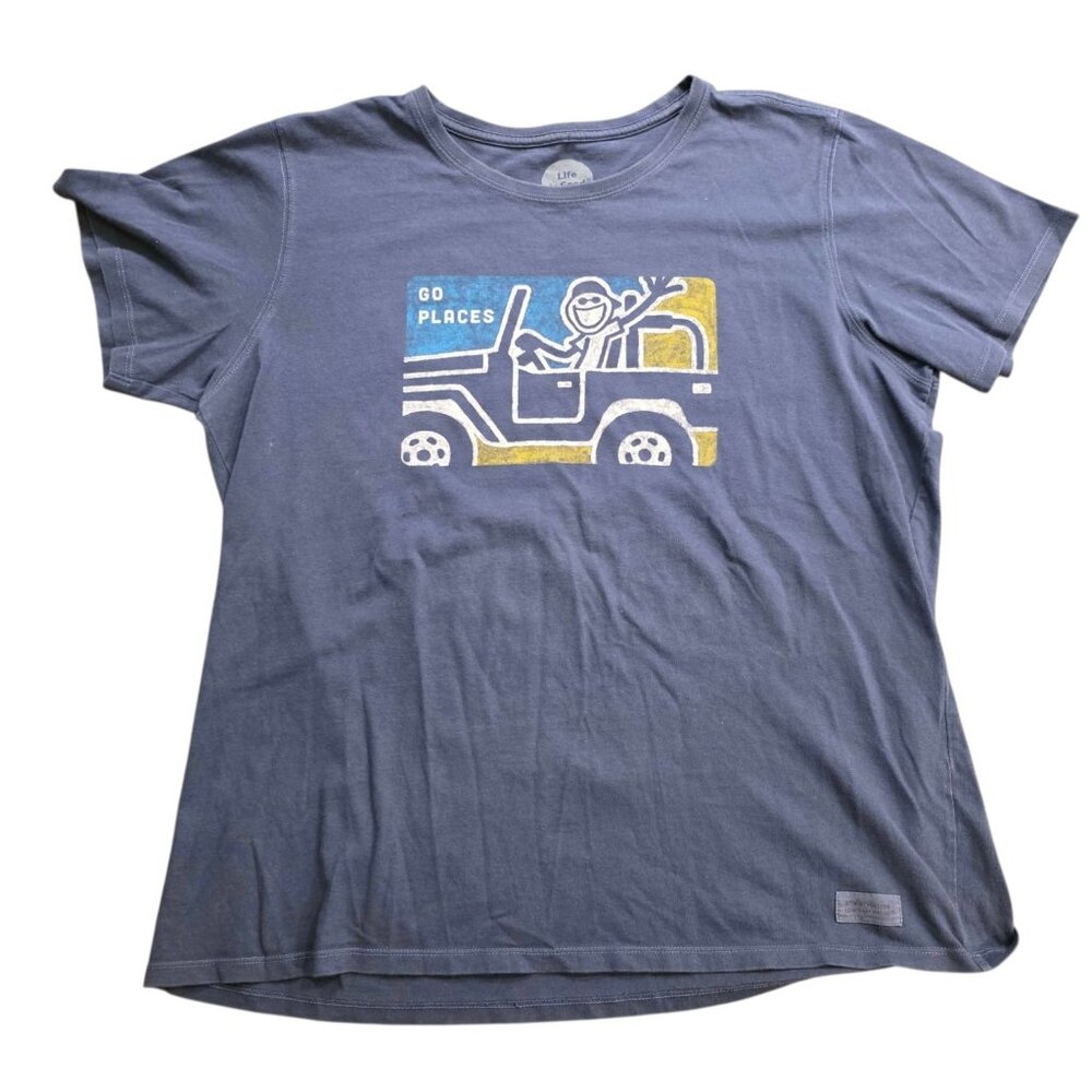 Life Is Good T-Shirt Go Places Driving Road Trip Positive Blue Womens Large